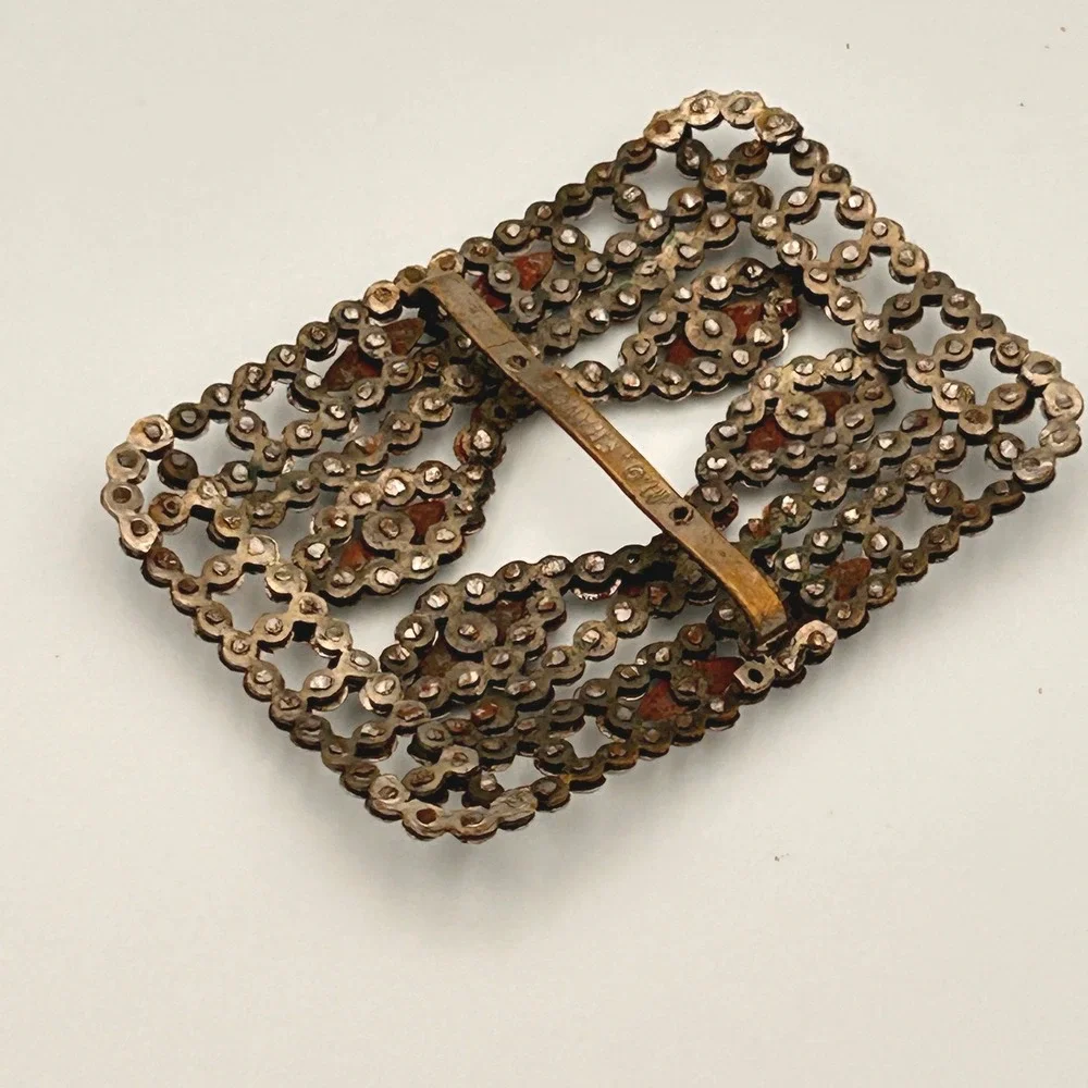 Antique M.G. France Cut Steel Belt Buckle Victorian Edwardian Openwork Silver